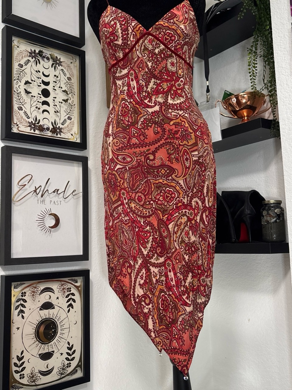 ABS Allen Schwartz Vintage Y2K Paisley Asymmetric Handkerchief Hem Midi Dress 8